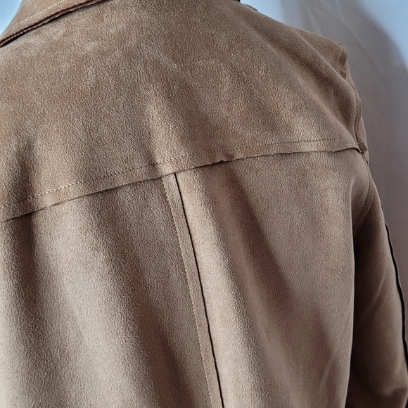 Tahari Cognac Faux Leather Open Front Roll-Tab Sleeve Long Blazer/Jacket - Sz XS - Picture 12 of 15